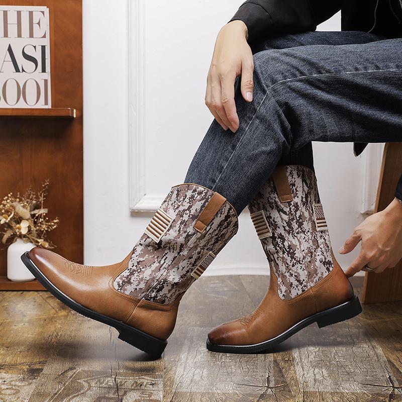 Golden Sapling Western Cowboy Mid-calf Boots for Men Retro PU Leather Military Shoes Outdoor Camouflag Combat Boot Man