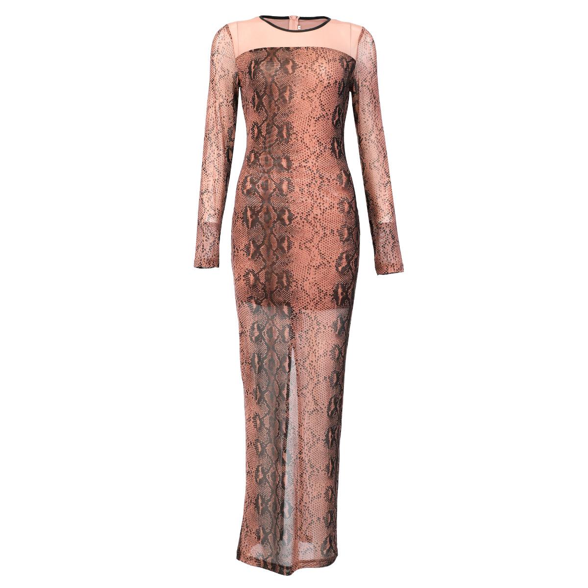 

European & American Women s Sexy Mid-Length Round Neck Long Sleeve Print Mesh Dress XS