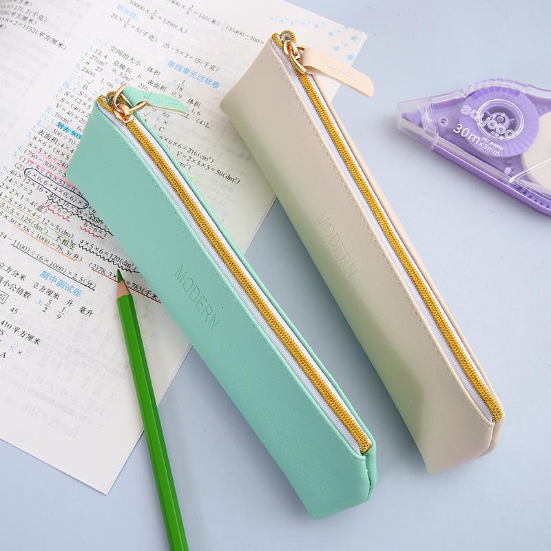 PU Leather Solid Color Pencil Case - School Supplies Stationery Bag