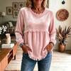 Women S Casual Loose Long Sleeve U Neck Lace Splicing Top