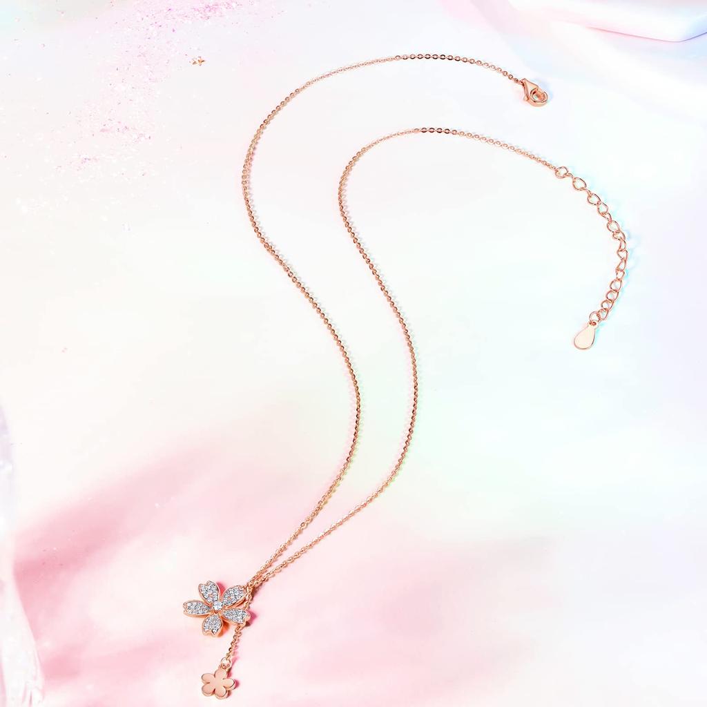 [ZHOU LIU FU] Women's Cherry Blossom Pendant Necklace, Sterling Silver 925, Popular Jewelry, Zirconia, Rose Gold, Gift, Simple Accessory, Cute,