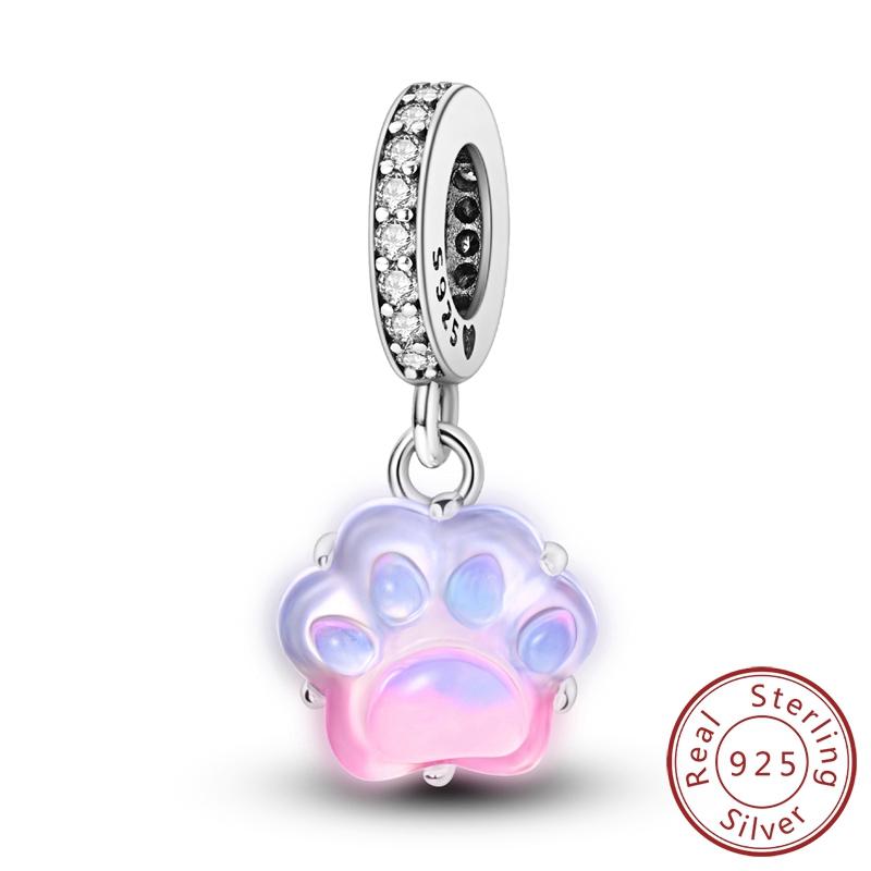 Compatible With Authentic Original Bracelet High Quality Fine Jewelry Copper Metal Luminous Pink Blue Paw Print Charm Bead Components Bead Components
