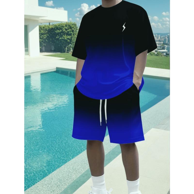 Men s Summer Gradient Blue Black Lightning Print T-Shirt and Shorts Set Loose Fit Big Size Casual Two Piece Outfit for Beach S синий