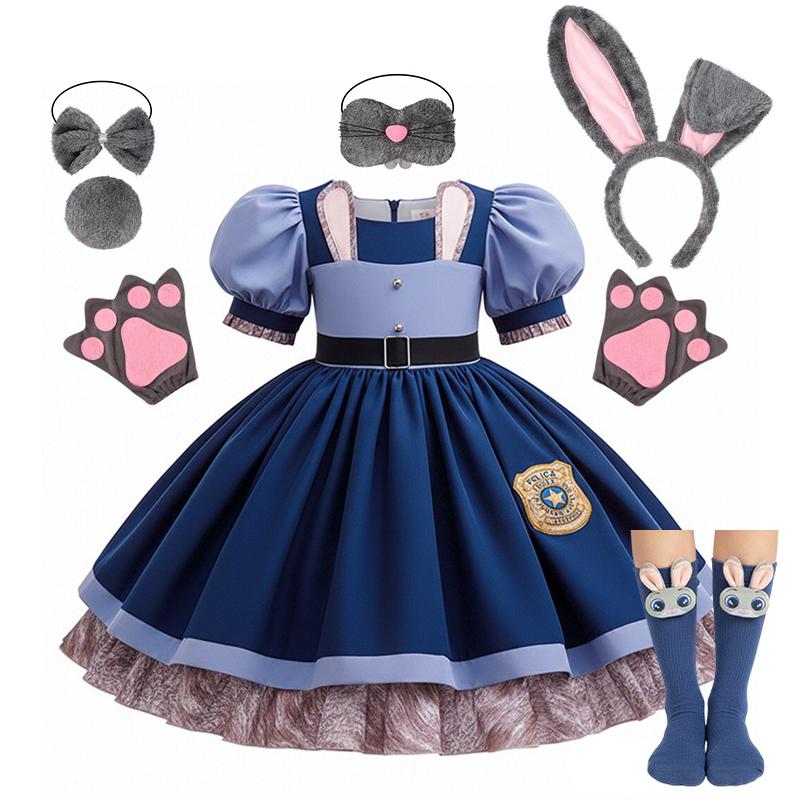 Girl Cosplay Judy Hopps Police Officer Dress Zootopia Bunny Costume Kids Dress Up Halloween Rabbit Dress Outfits