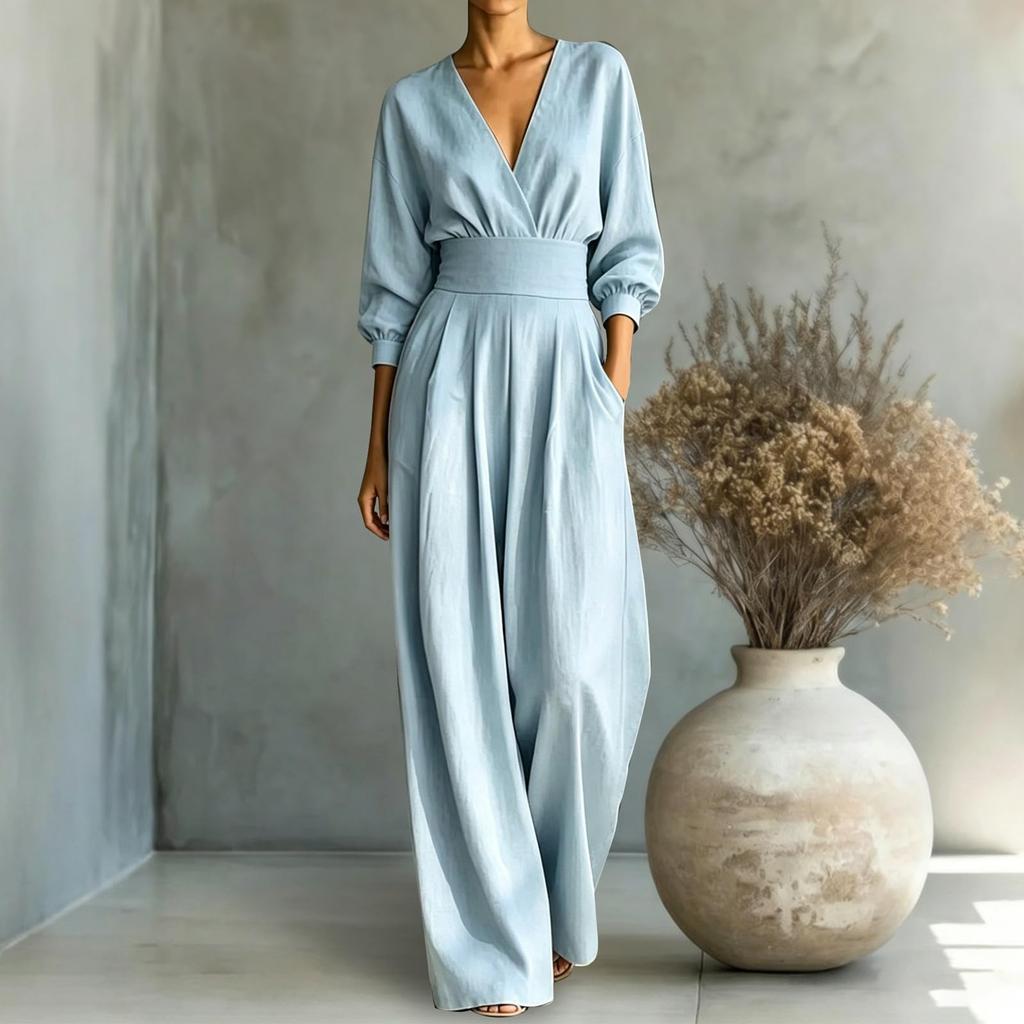 Damen V-Ausschnitt Farbe Taillenband Jumpsuit für einen eleganten Freizeit-Look