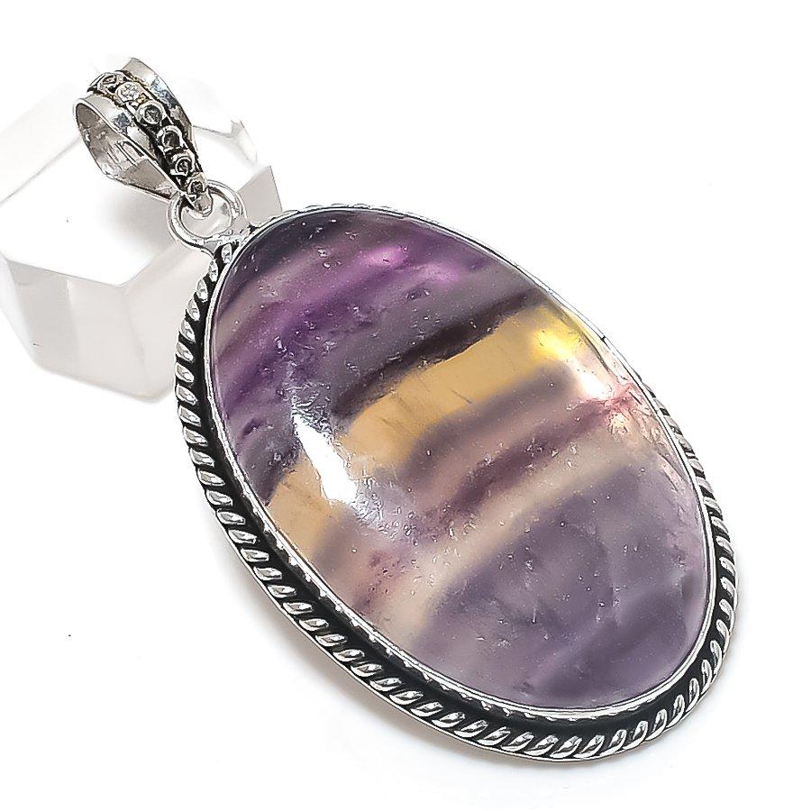 Fluorite Gemstone Handmade 925 Sterling Silver Jewelry Pendant 2.36" i7h08