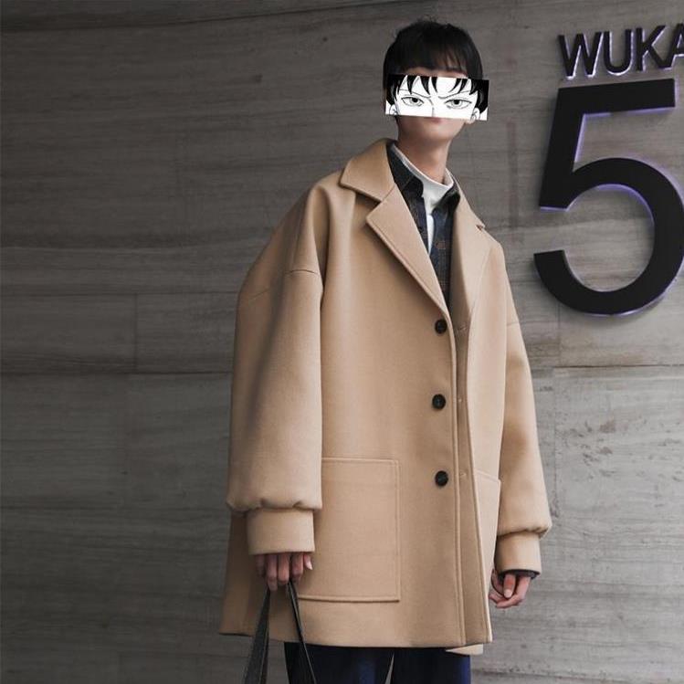 

Мужской зимний шерстяной плащ, ветровка, куртка средней длины, студенческая корейская стильная свободная трендовая красивая осенняя одежда 47-55kg M хаки