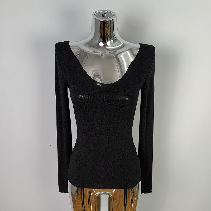 Korean Dongdaemun Slim-Fit Sexy Long Sleeve T-shirt with Large Neckline