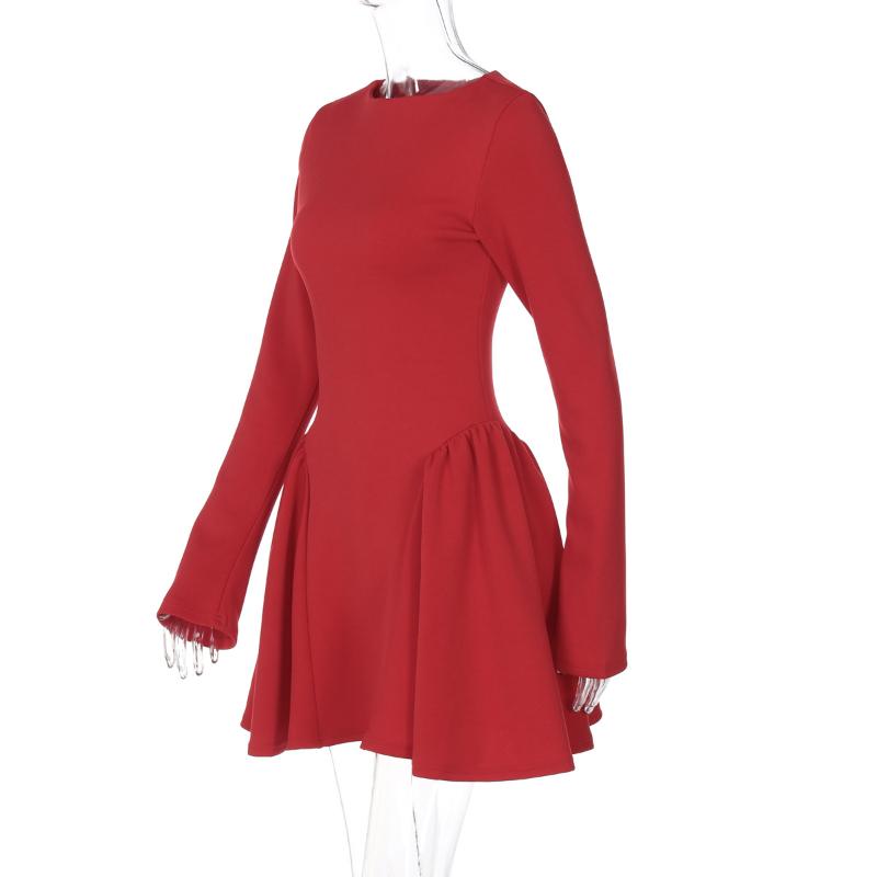 European and American Style Women's Clothing Temperament Round Neck Autumn and Winter Slim Fit Solid Color Dress for Women