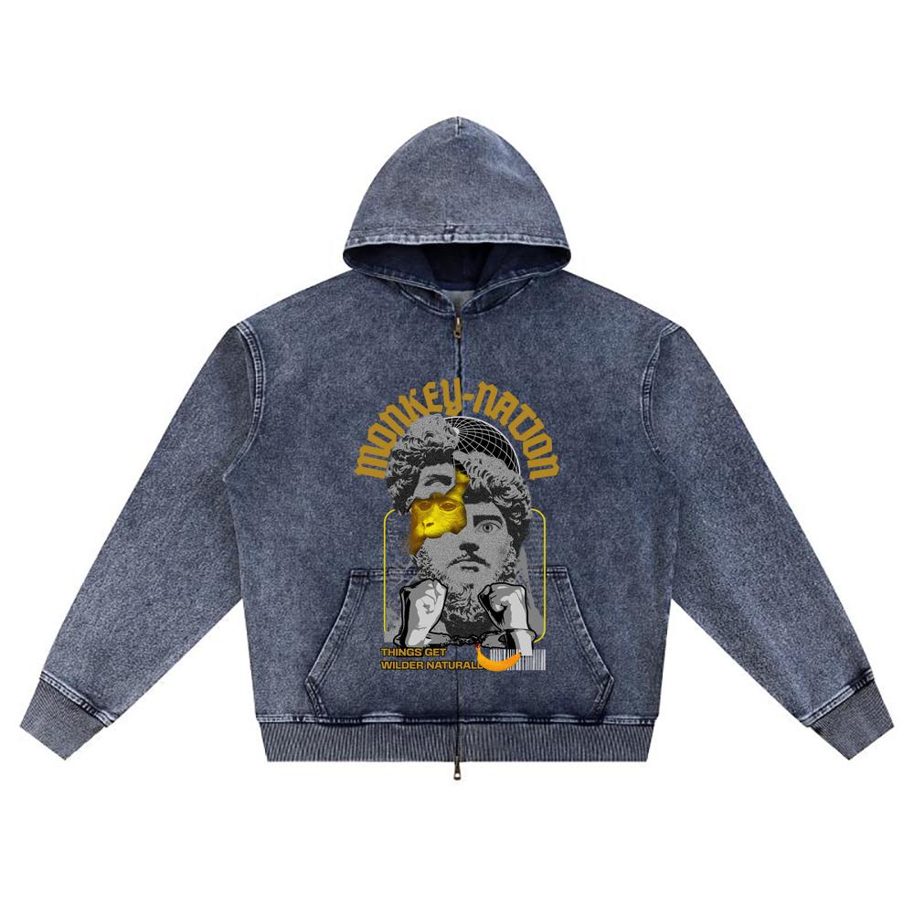 

DTG print Knitted Denim Zip-Up Hoodie Monkey Nation Brother Print Zipper Hoodies XL