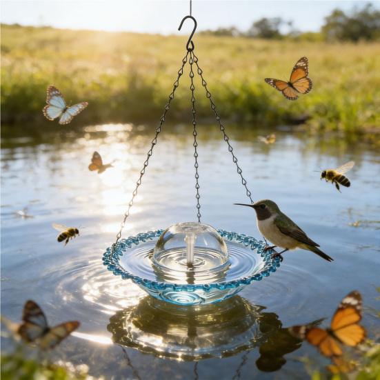 USB-Powered Fountain Bird Bath Hanging Bird Bath Fountain Outdoor Hummingbird Feeder Bath Bowl Attracts Wild Birds for Garden Decoration