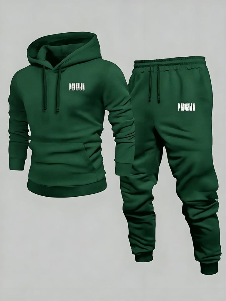 Layerbadge Men Hoodie & Jogger Set, Bold Wave Stacked Word Typography Art Print, Thick Fleece Sport Suit for Light Daily Sport Activities