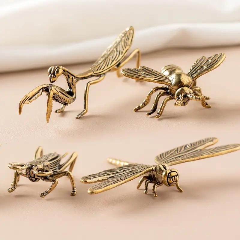 Brass insect set 4pcs set Statue, dragonfly, cricket, bee, mantis combination set, small figurine decoration ornament