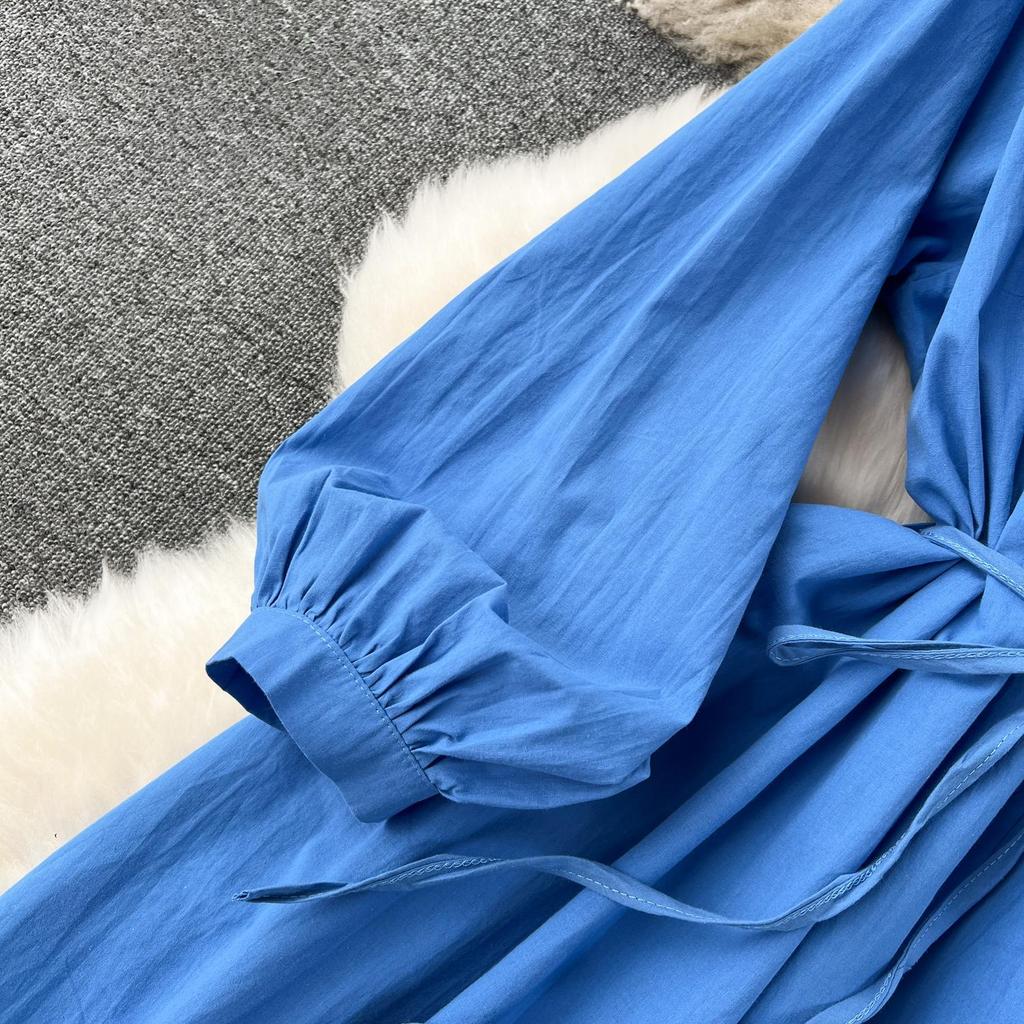 Vintage Bohemian Long Dress for Women A-line Embroidery Lace-up O Neck Lantern Sleeve Holiday Autumn Vestidos