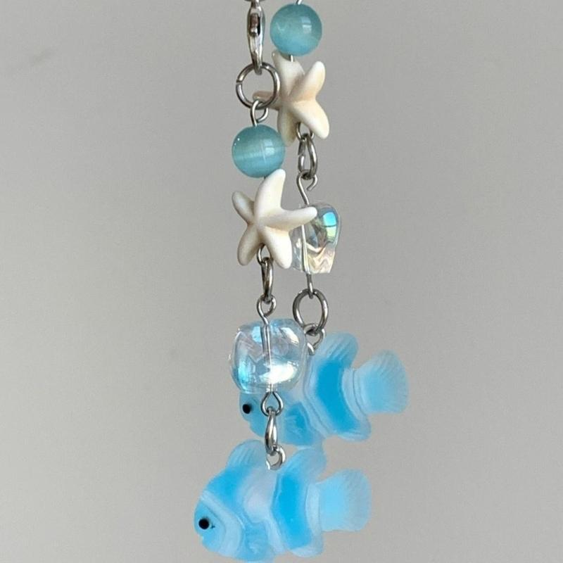 Handmade Beaded Phone Chain Fish Cellphone Charm Acrylic Keyring Pendant Mobile Phone Charm Detachable Bag Accessory