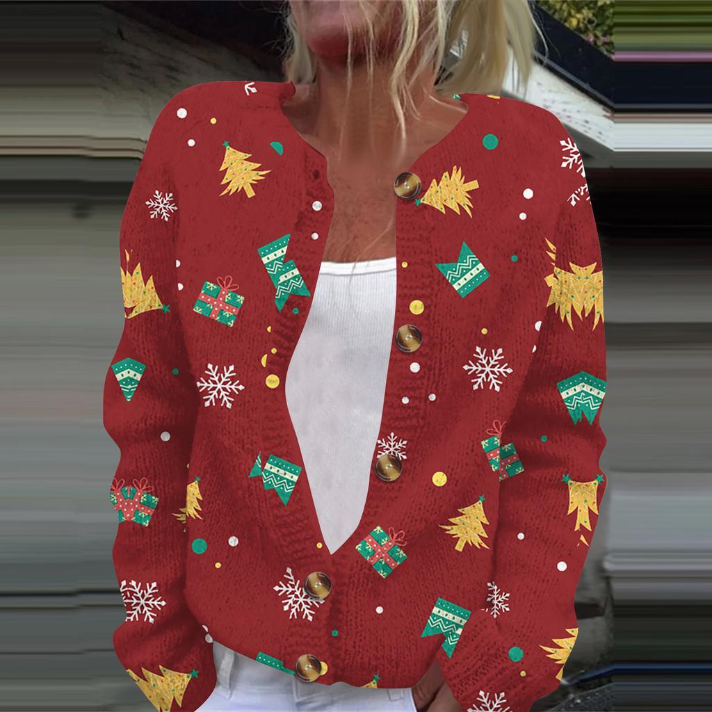 Damenmode, weihnachtlich bedruckt, langärmelig, Strickjacke, Button-Down-Jacke