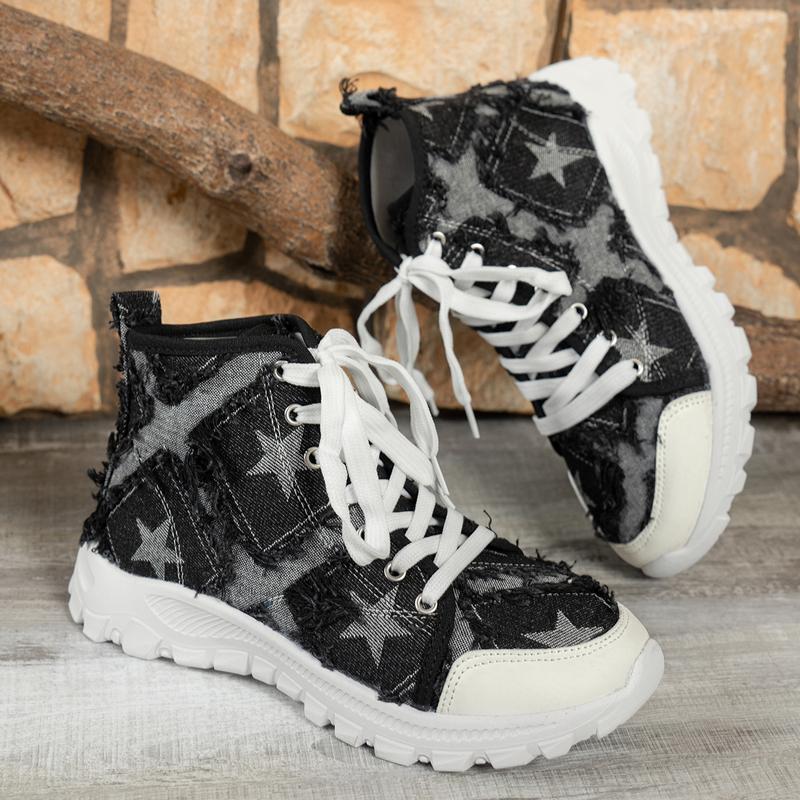 Fashion Star Print High Top Lace-up Denim Sneakers Woman Casual Fringed Short Boots Ladies Fashion Brand Design Canvas Shoes