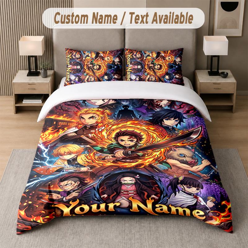 Demon Slayer 3Pcs Bedding Set, Personalized Custom Name Text, 1 Duvet Cover & 2 Pillowcases For Bedroom