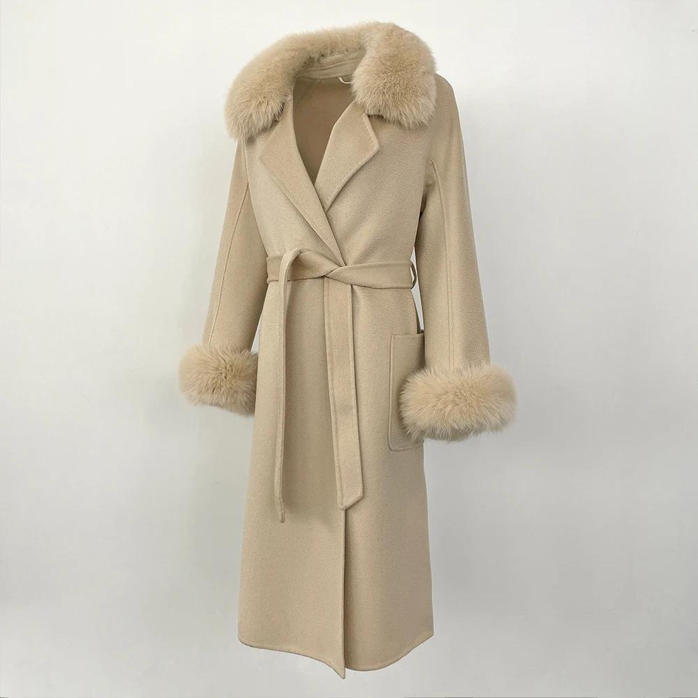 Woman Trend 2024 Autumn Winter 100% Double-sided Wool Coat Ladies Real Fox Fur Collar Detachable Long Coat