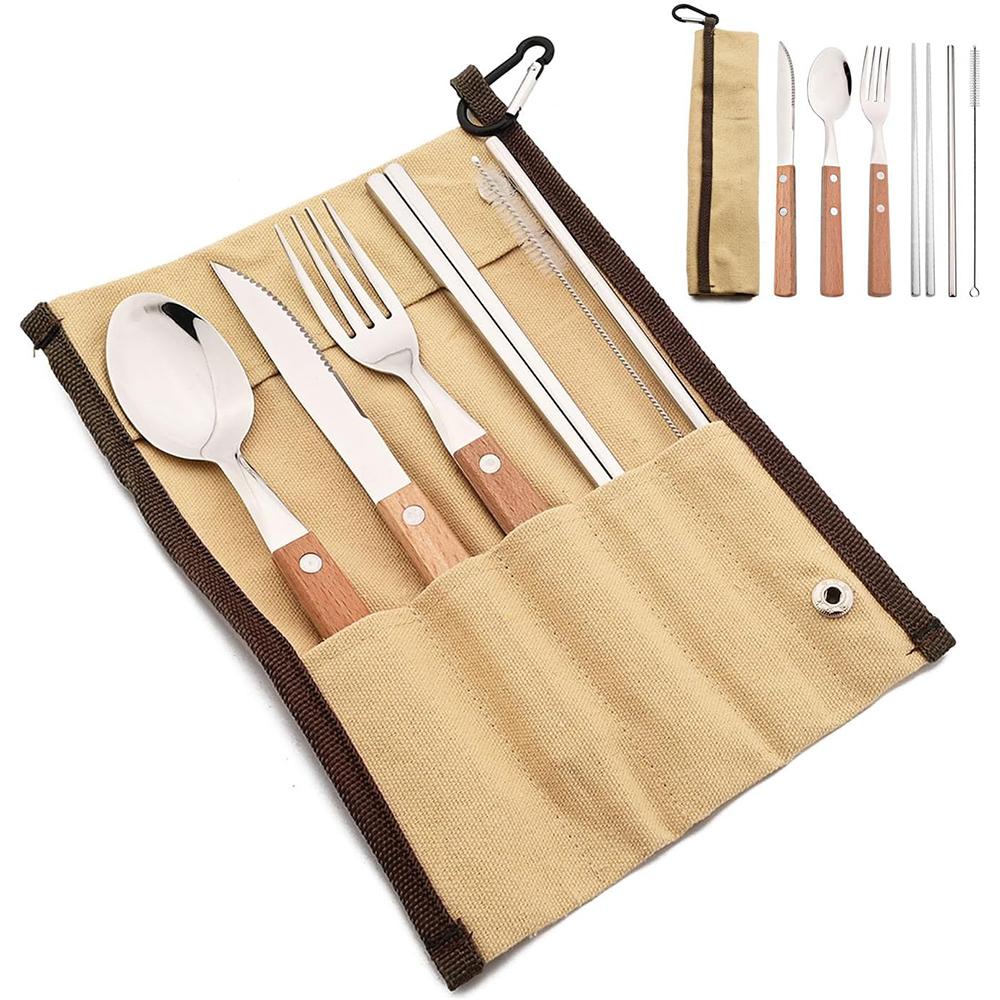 7Pcs/Set Tableware Reusable Travel Cutlery Set Camp Utensils Set 304 Stainless Steel Spoon Fork Chopsticks Straw Portable Case