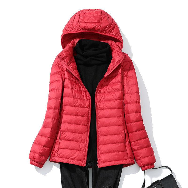 Women Autumn Winter Thin Portable Storage Outwear 90% White Duck Down Jacket with Removable Hood