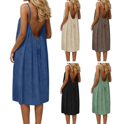 Backless Cami Dress for Women Summer Sleeveless Beach Sundress Spaghetti Strap Loose Flowy Dress with Back Tie