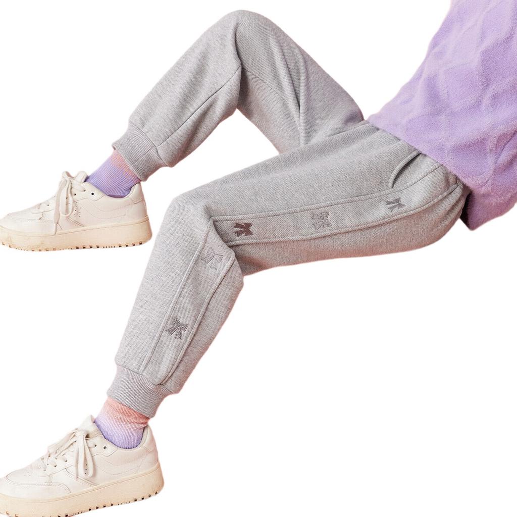 ASK JUNIOR Girls' Pants, 2025 Autumn And Winter Thickened Warm Children's Embroidered Trim Fleece-Lined Solid Color Sports Trousers, Gray, Size 160
