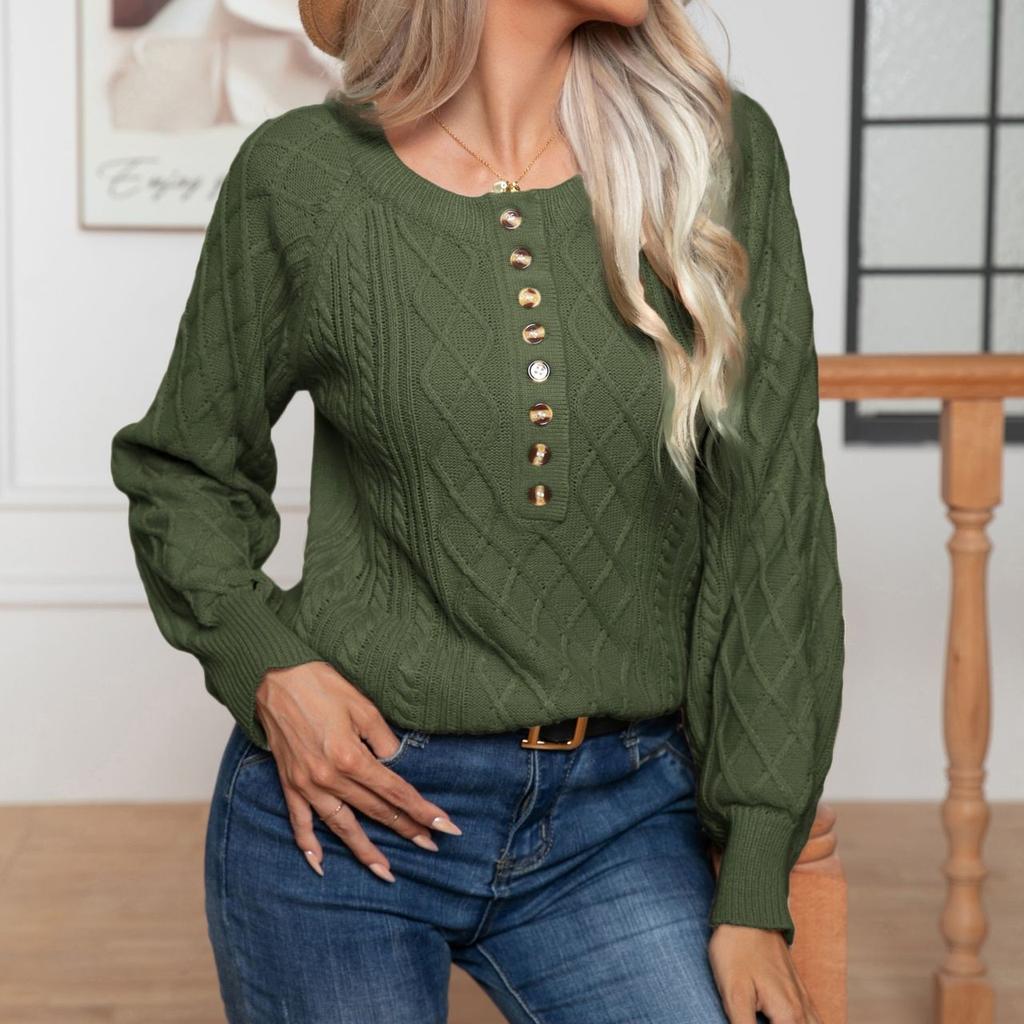 GMXIA Solid Color Print Autumn Winter O-Neck Casual Button-twisted Long Sleeve Twist Knit Pullover Sweater for Women