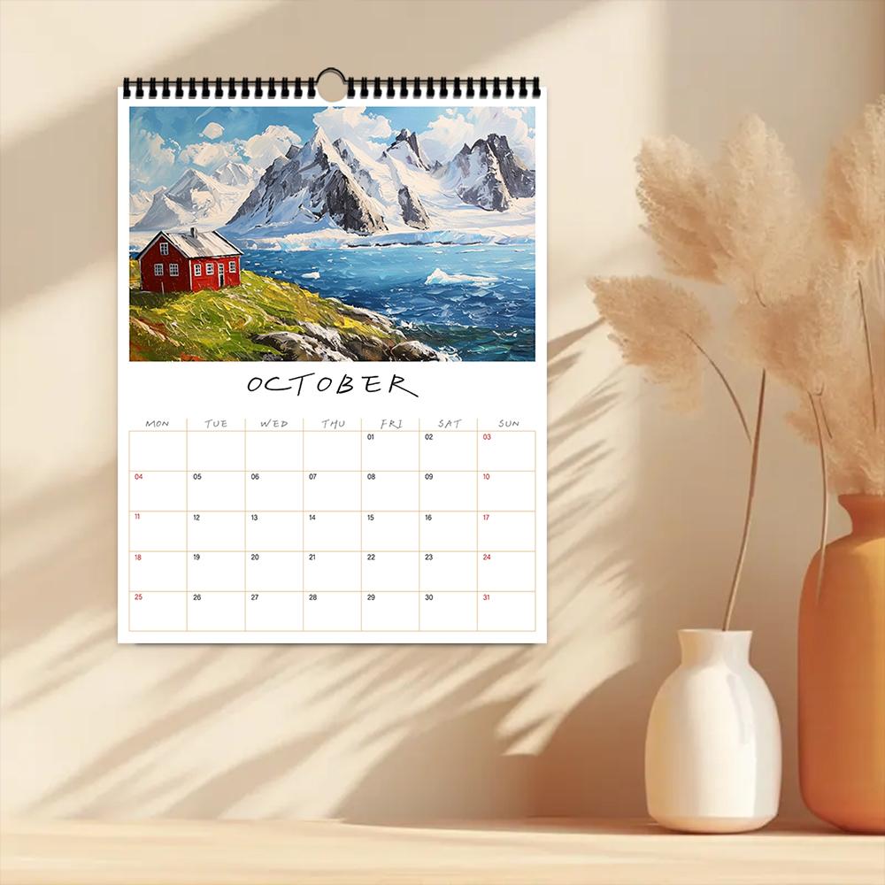 1pc, 2026 Hand-Painted Illustration Series Calendar, Natural Landscapes, 12 Unique Designs, Wall Calendar, Birthday, Christmas