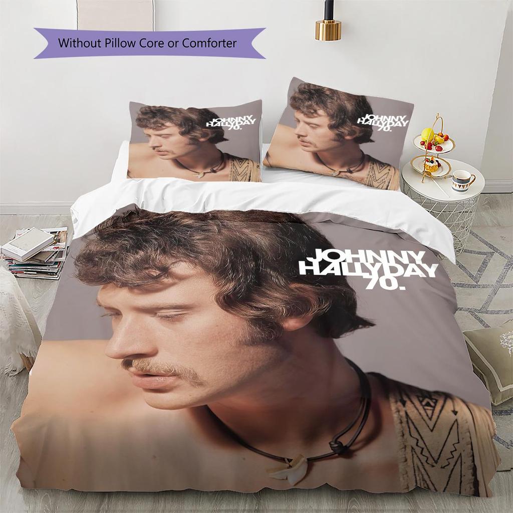 1 Stück Johnny Hallyday Muster Bettwäsche Steppdecke Set Bettbezug Kissenbezug Heimdekoration Geburtstagsgeschenk (1 Bettbezug + 2 Kissenbezüge, ohne Füllung)