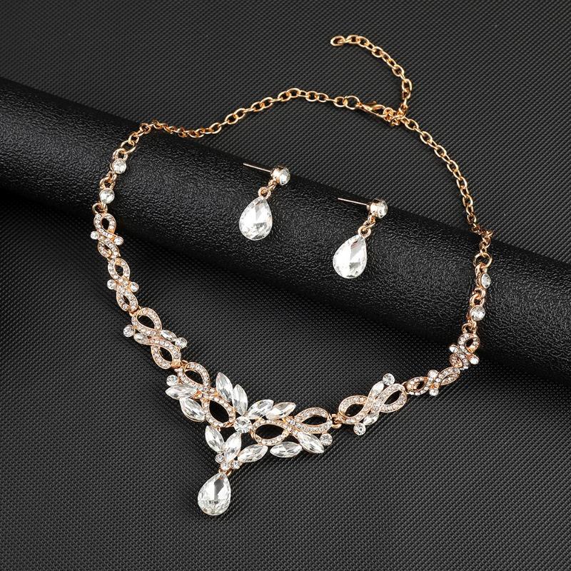 GemChic Women's New Exquisite Crystal Rhinestone Drops Leaf Sparkling Collarbone Necklace Earrings Two Piece Set Birthday Christmas Jewelry Gift