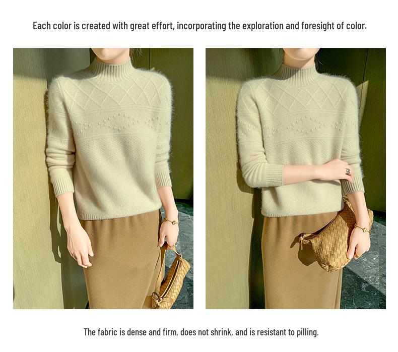 2024 Autumn/Winter Women's Wool Sweater: Thickened, Half-High Collar, Cable Knit, Loose Fit
