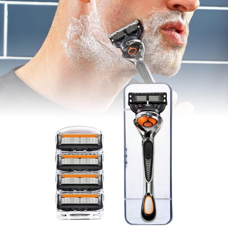 Innowacyjna maszynka do golenia z pięcioma ostrzami dla panów w stylowej pomarańczowo-czarnej kolorystyce