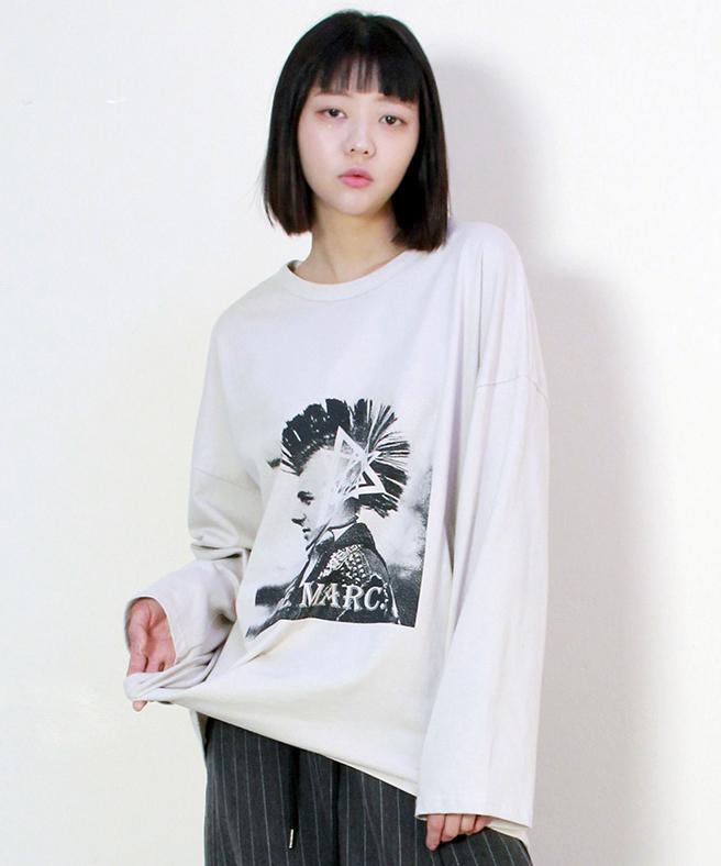 Deumakeu Vintage Punk Loose Fit Long Sleeve T-Shirt Beige
