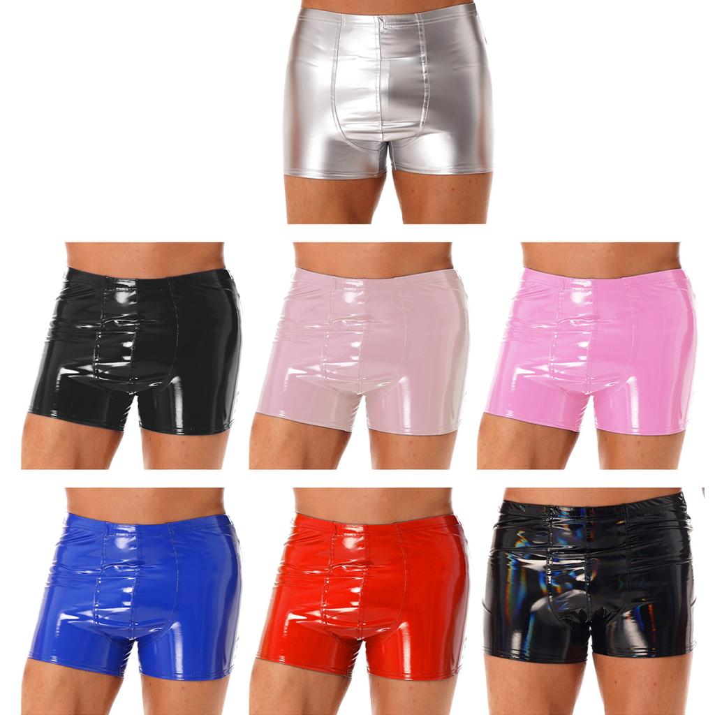 Mens Wet Look Patent Leather Shorts Boxer Brief Soft Stretchy Short Pants Clubwear