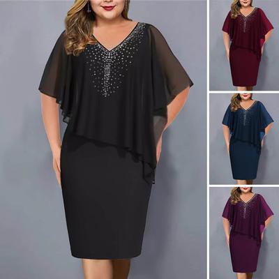 Dámske spoločenské šaty s výstrihom do V, krátkym rukávom, jednofarebný, nepravidelný, kamienkový dekor, šaty, bodycon šifón, šifón, dámske banketové šaty, dámske oblečenie