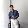 Mens Loose Long Sleeve Vintage Casual Linen Work Shirt