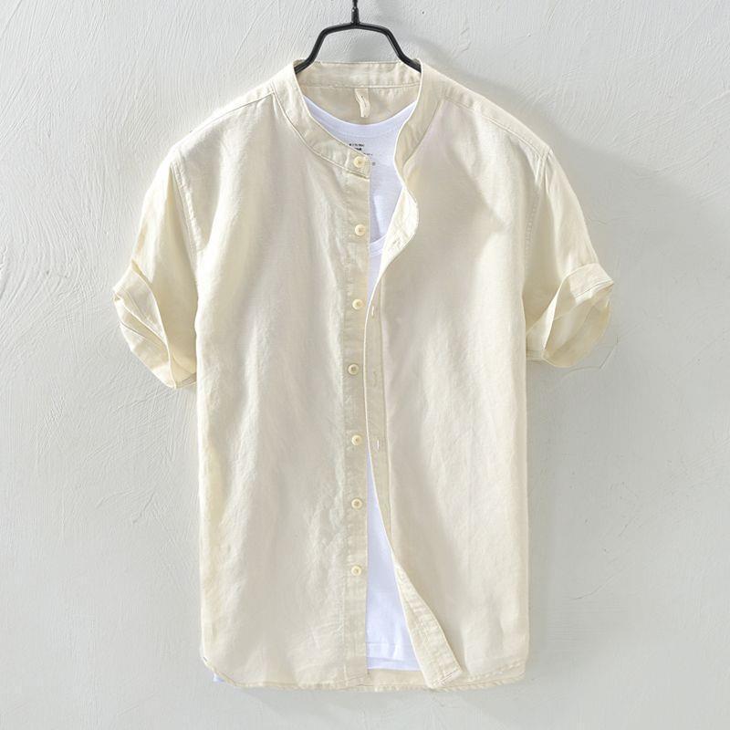 Men's Dark Blue Casual Linen-Cotton Stand Collar Short Sleeve Shirt - Retro Japanese Style