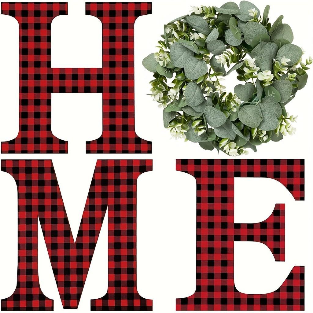 Rustic Home Wooden Wreath Decor Set In Black Red Checkered And Wood Grain For Seasonal Celebrations
