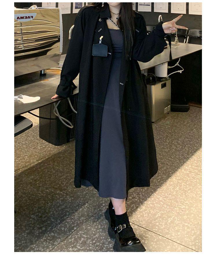 Women's Elegant Black Mid-Length Trench Coat - 2025 Autumn Korean Style for Students
