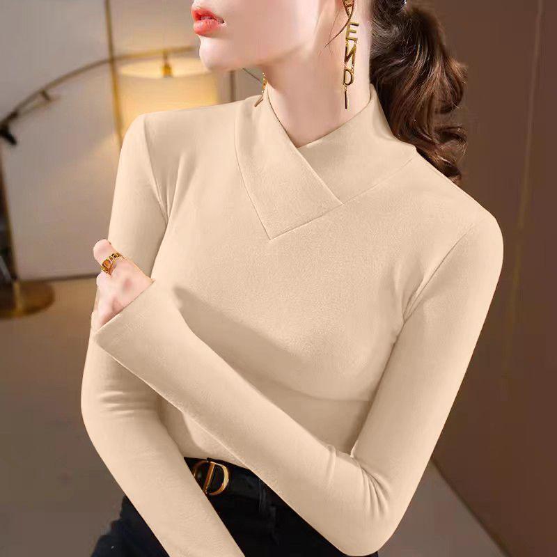 Double-sided Threaded Semi-high Neck Slim-fit Warm Base Layer Top for Women - Autumn/Winter Long-sleeve T-shirt