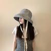 Small Fresh Plaid Bucket Hat Women's Spring and Summer Sunshade Sunscreen Big Eaves Lace Bow Streamer Literary Hat