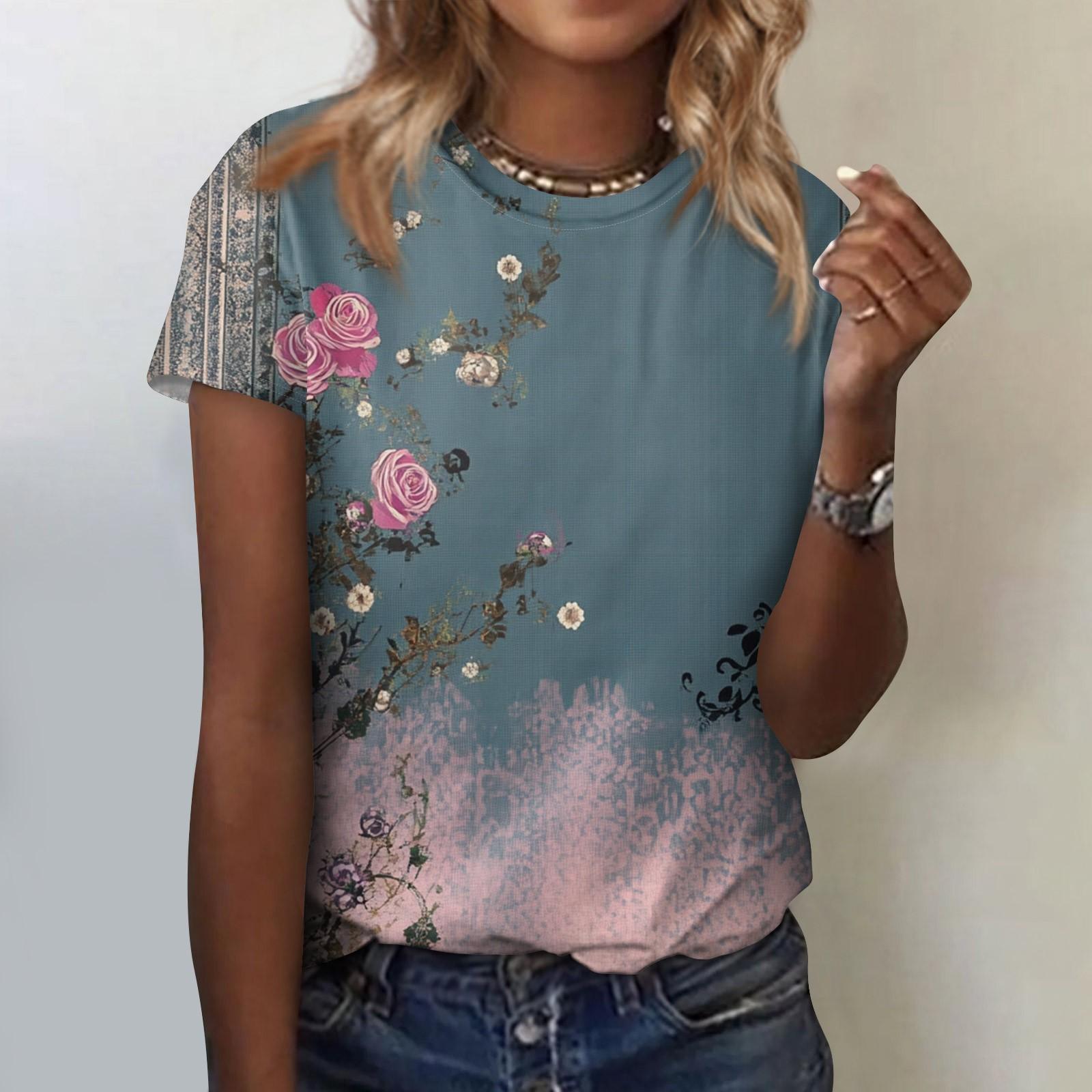 

Жіноча модна повсякденна блузка з круглим вирізом і короткими рукавами з квітковим принтом XXL Темно-синій