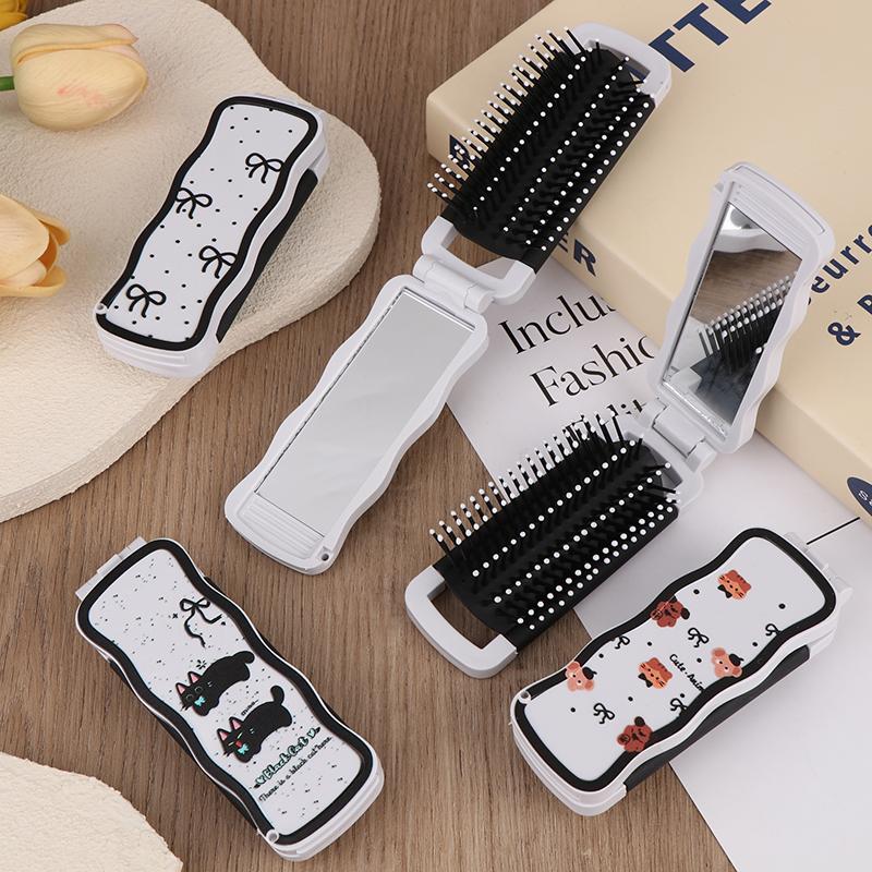 Mini Hair Brush Folding Massage Comb Head Massage Anti-Static Portable Travel Hair Brush Girl Hair Combs With Mirror