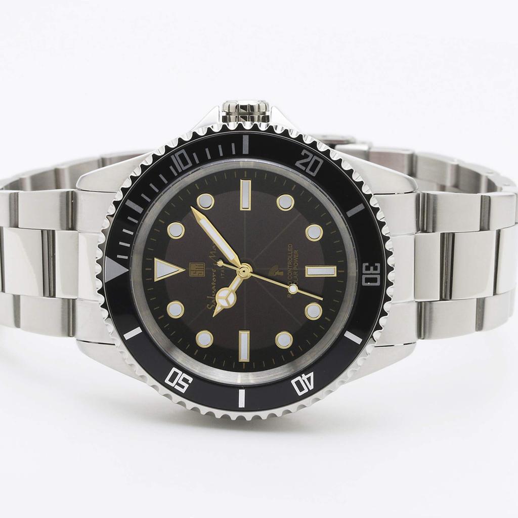 Salvatore Marra Men's Radio Wave Solar Watch SSBKGD Stainless Steel Band Waterproof Black Business Casual Style Cross