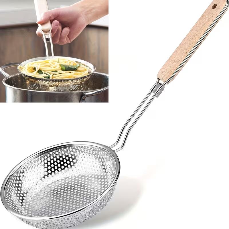 Escumadeira de Malha Fina em Aço Inoxidável com Cabo de Madeira Coador de Cozinha para Fritar Óleo de Cozinha Filtragem de Massa Macarrão