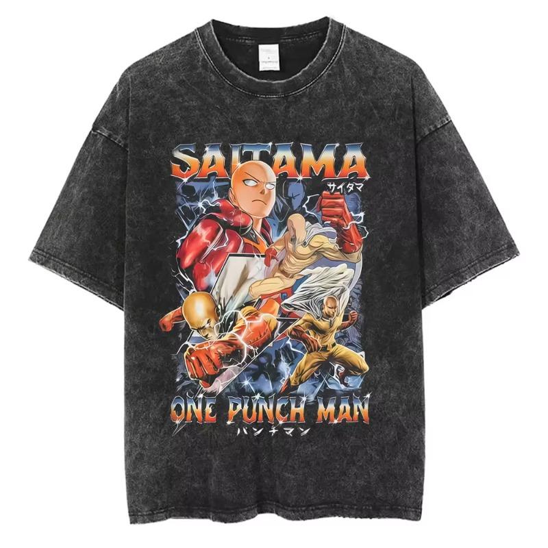 Gewaschenes Vintage Anime One Punch Man Saitama Saitamas Fitnessstudio Lustiges Meme Grafik T-Shirt Herren Damen Fitness Freizeit Übergroße T-Shirts