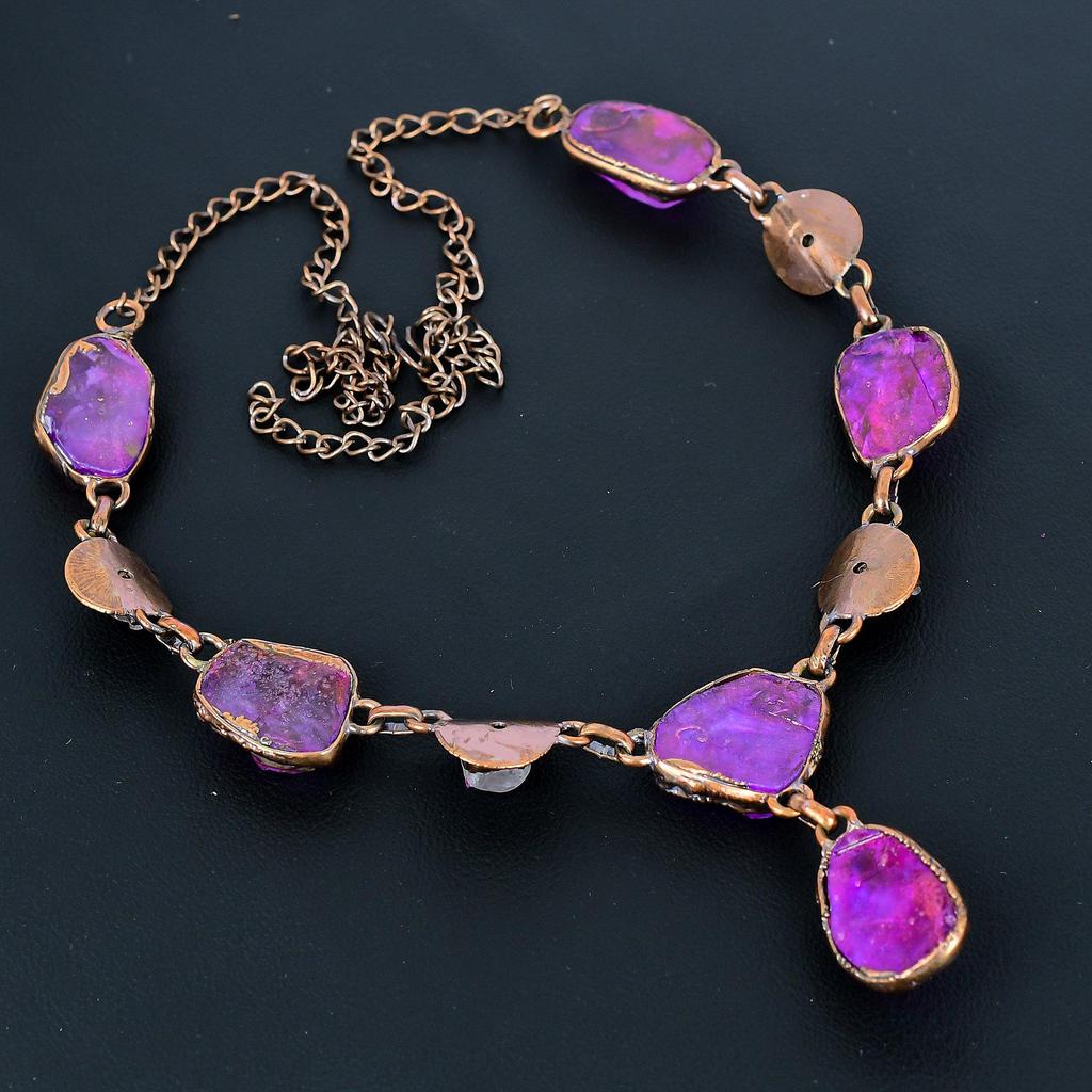 Ruby & Rose Quartz Handmade Gemstone Necklace, Copper Electroformed Necklace Antique Jewelry, Adjustable Necklace Engagement Gift