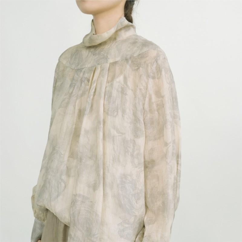 Johnature Tricouri vintage pentru femei, imprimeu de primăvară, tricouri florale de înaltă calitate, cu mânecă lungă, cu gât îndoit, tricouri pentru femei