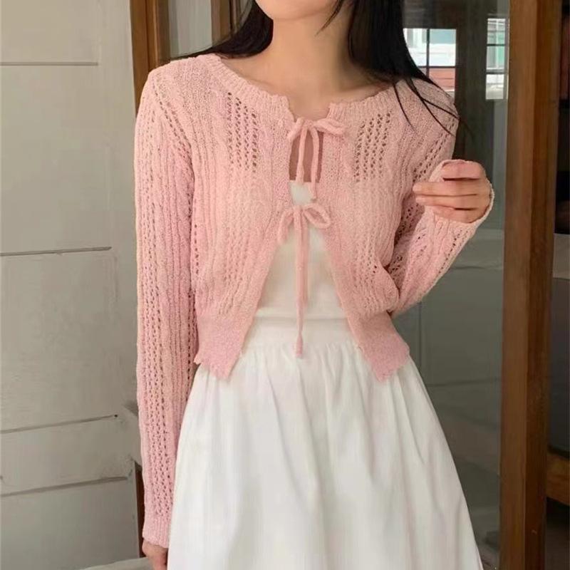 Thin cardigan new women's clothing in stock, European and American hollow lace-up sexy top long sleeve